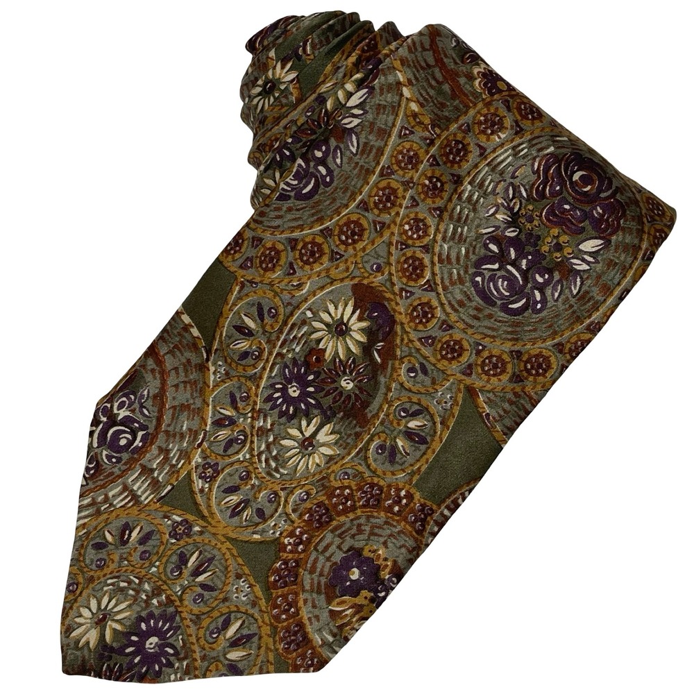 Vintage Allen Solly Silk Necktie Tie Green Purple Paisley Floral Medallion Print